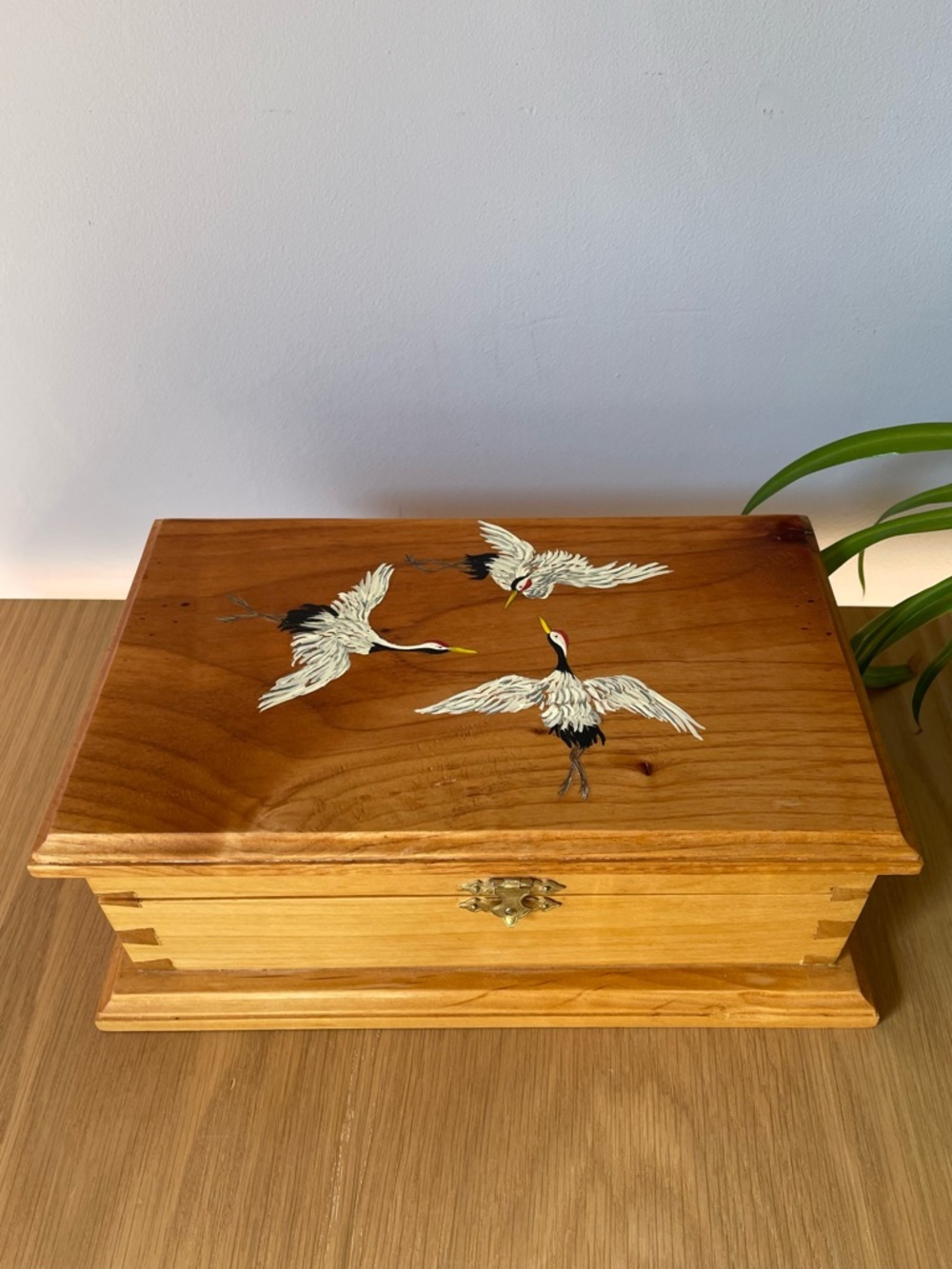 Vintage Wooden Keepsake Jewelry Box with Handpainted Crane Illustrations